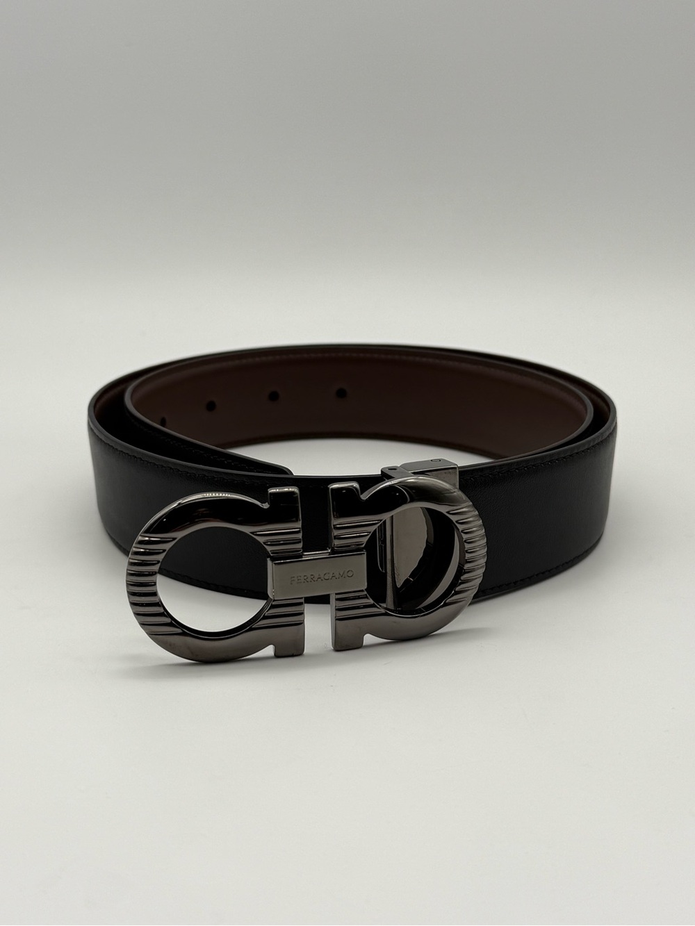 Salvatore Ferragamo Reversible Leather Belt with Gunmetal Double Gancini Buckle